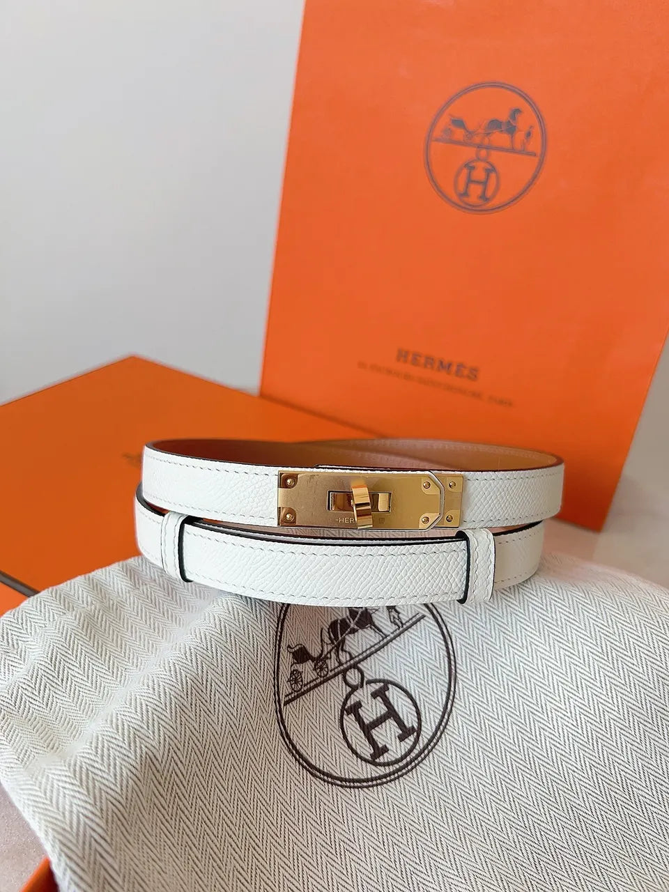Hermes White Leather Belt gold - Hình 3