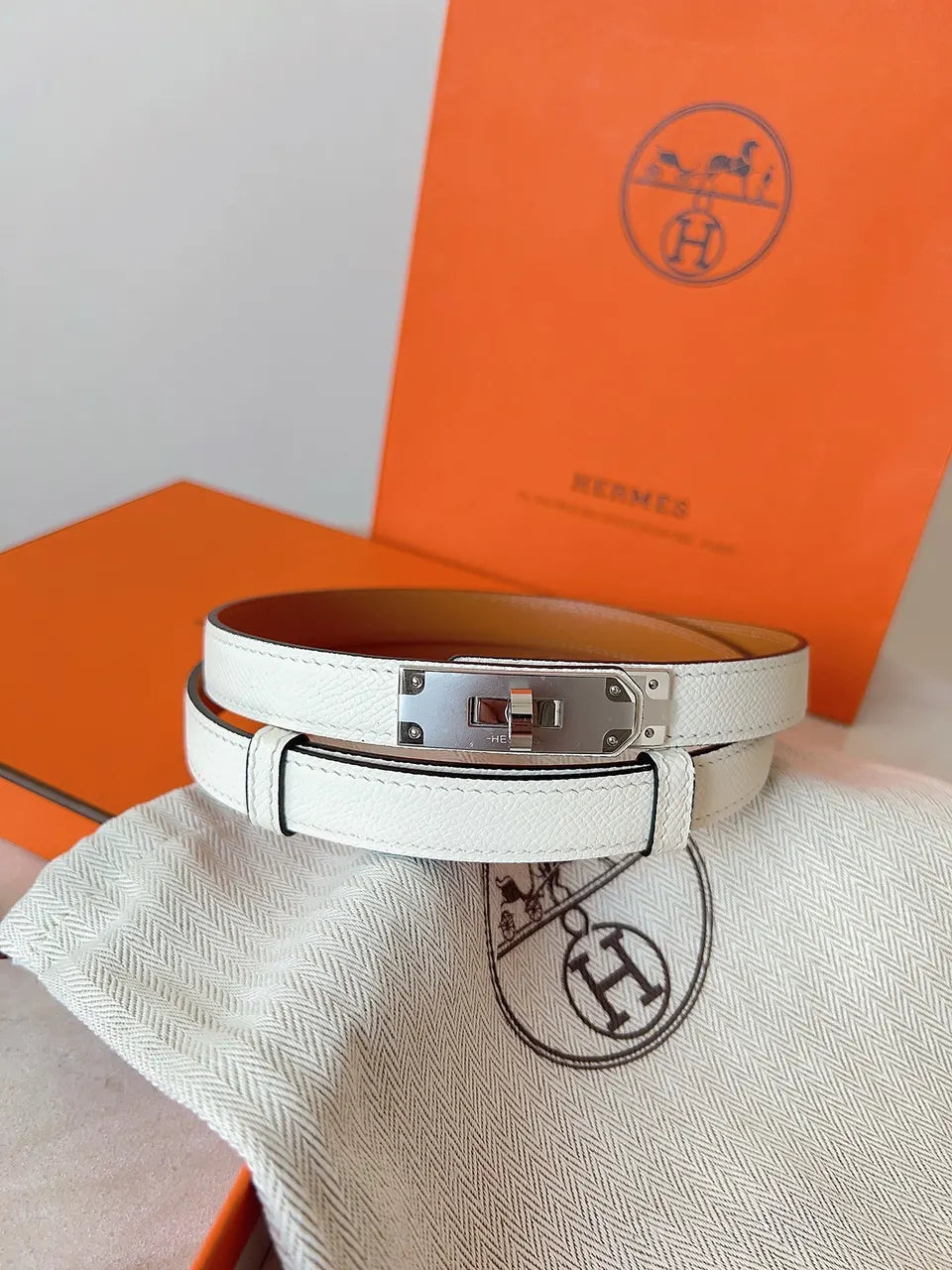 Hermes White Leather Belt gold - Hình 4