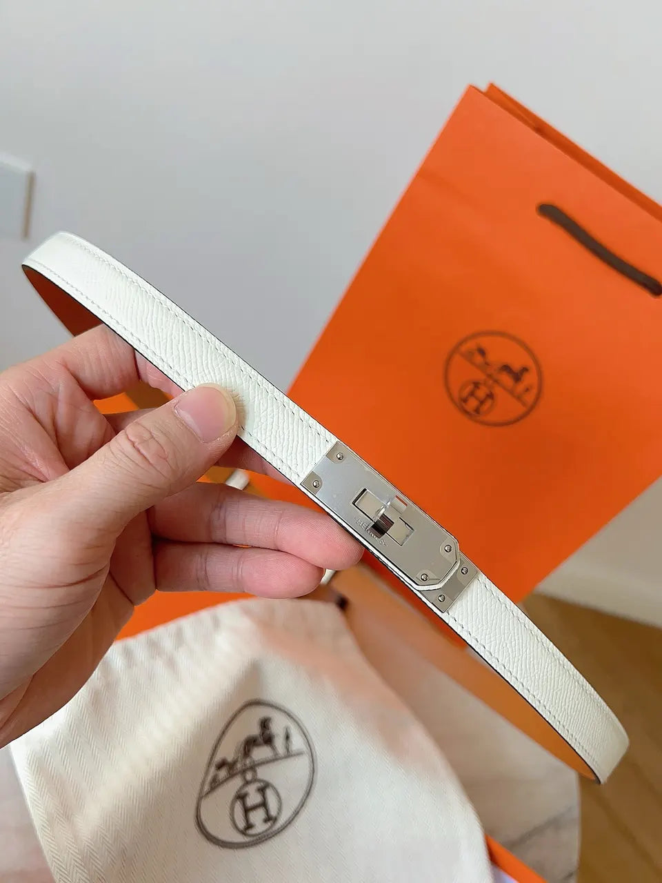 Hermes White Leather Belt gold - Hình 5