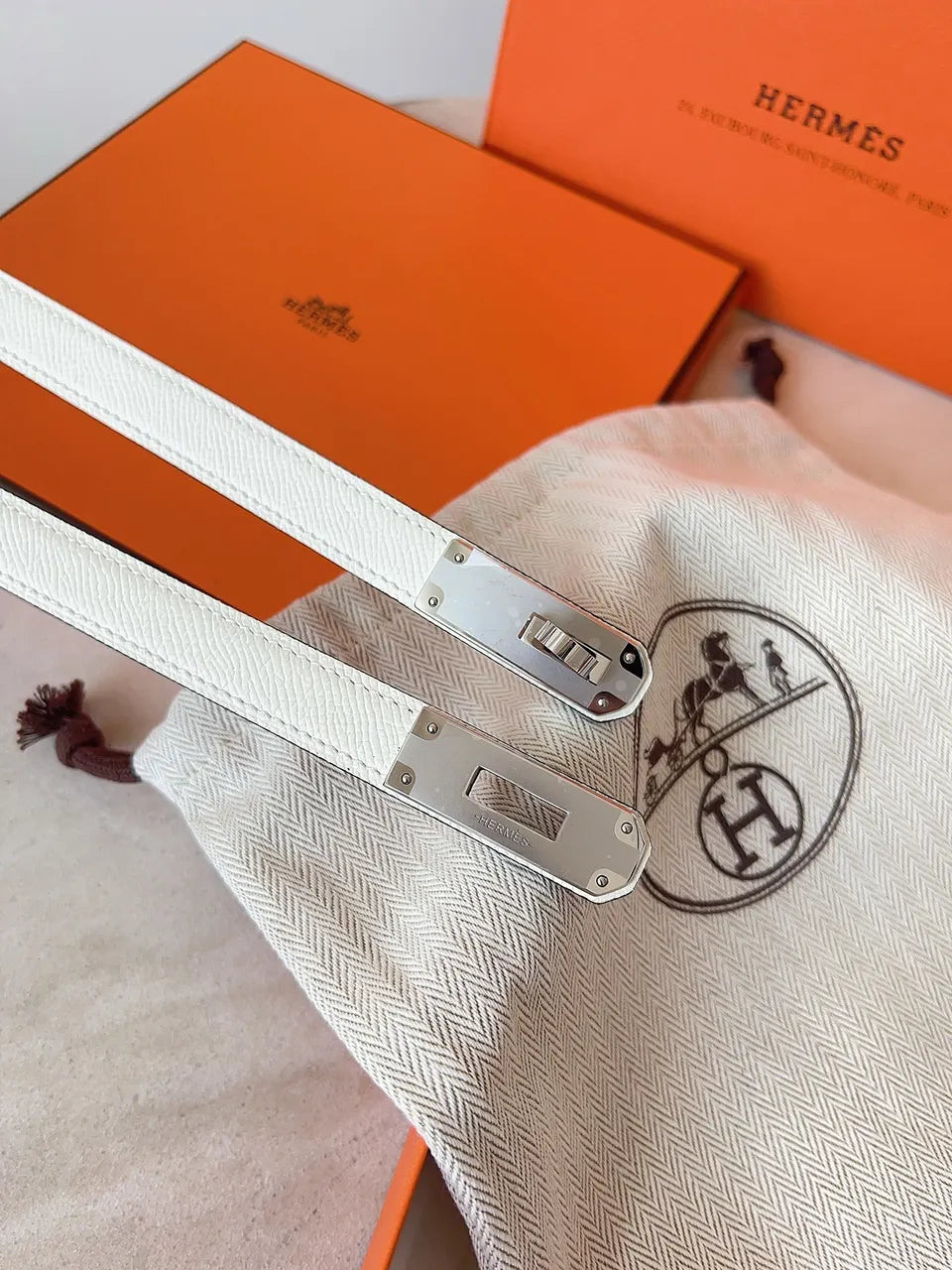 Hermes White Leather Belt gold - Hình 6