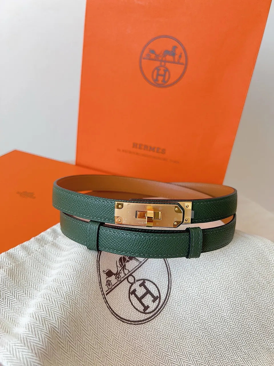 Hermes Vert Criquet Leather Belt - Hình 3