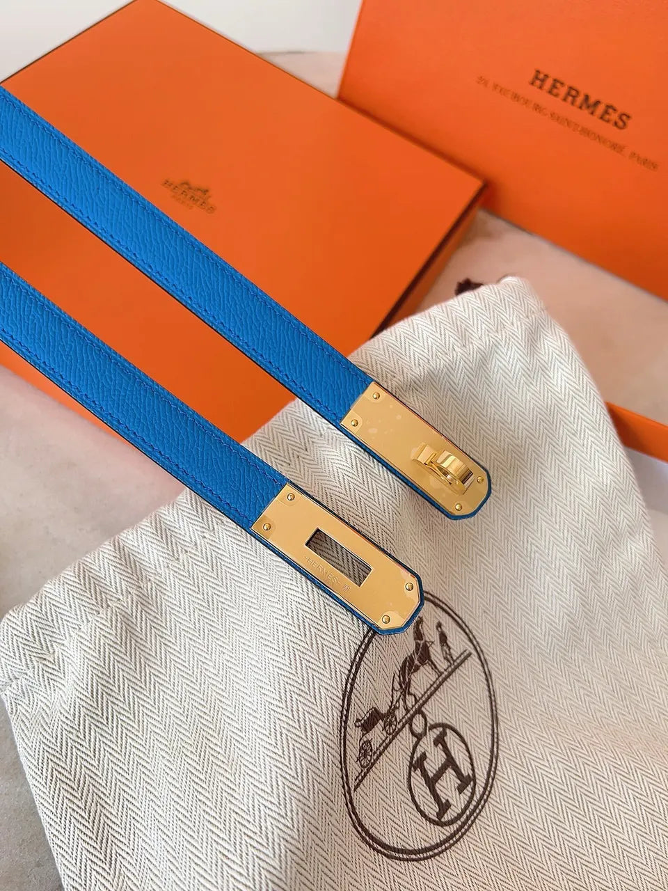 Hermes Azure Blue Leather Belt - Hình 2