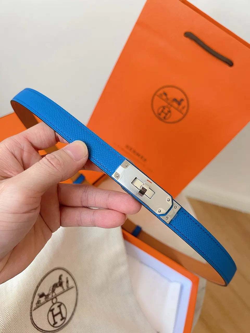 Hermes Azure Blue Leather Belt - Hình 3