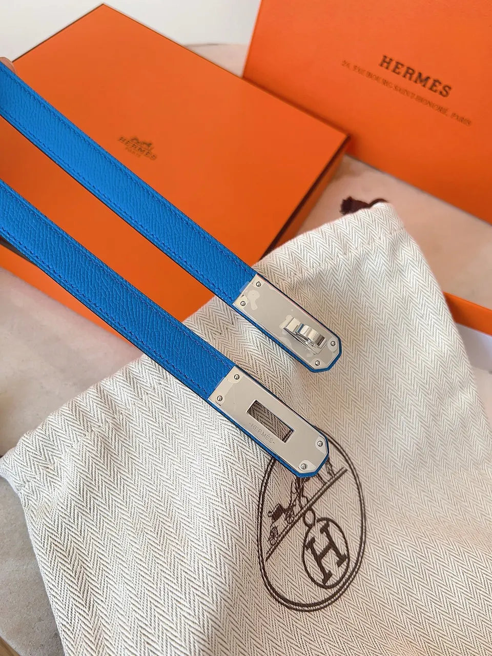 Hermes Azure Blue Leather Belt - Hình 4