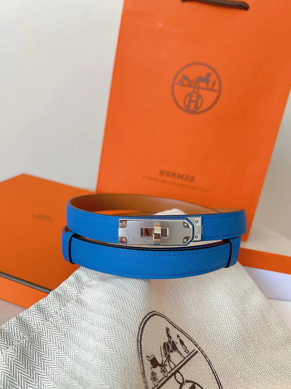 Hermes Azure Blue Leather Belt - Hình 5