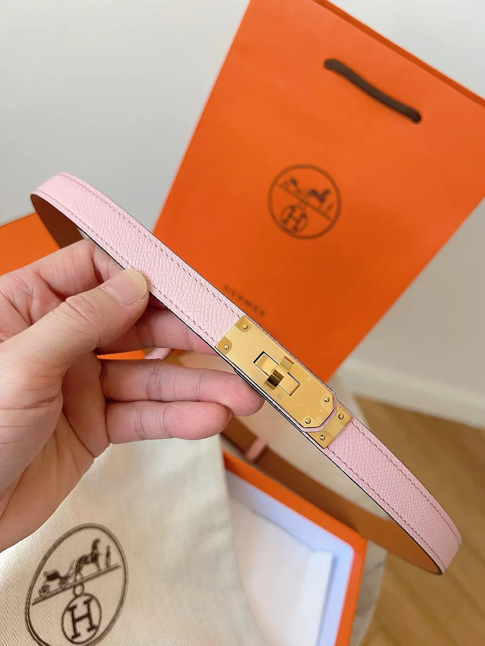 Hermes Pink Leather Kelly Belt - Hình 2