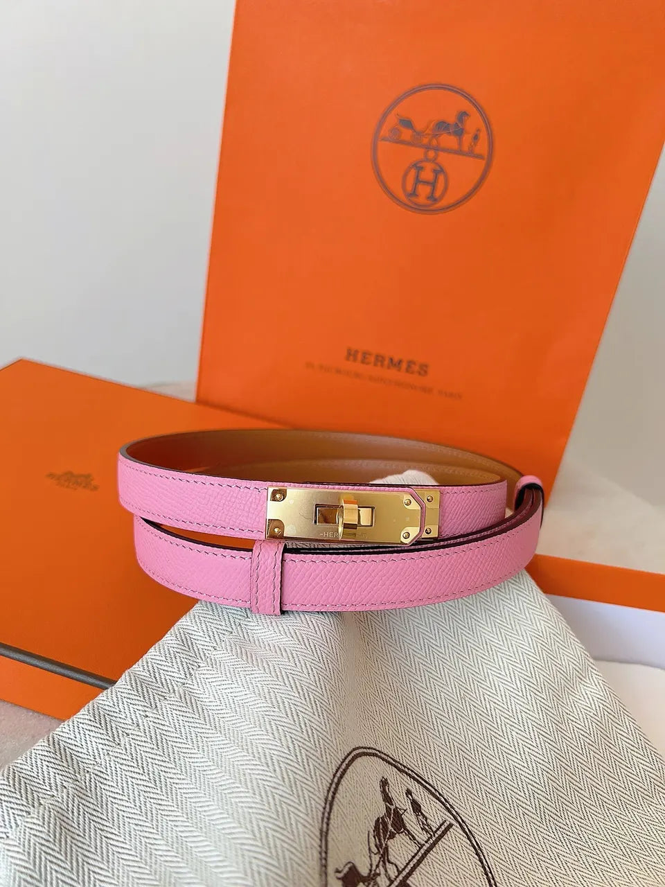 Hermes Pink Leather Kelly Belt - Hình 3