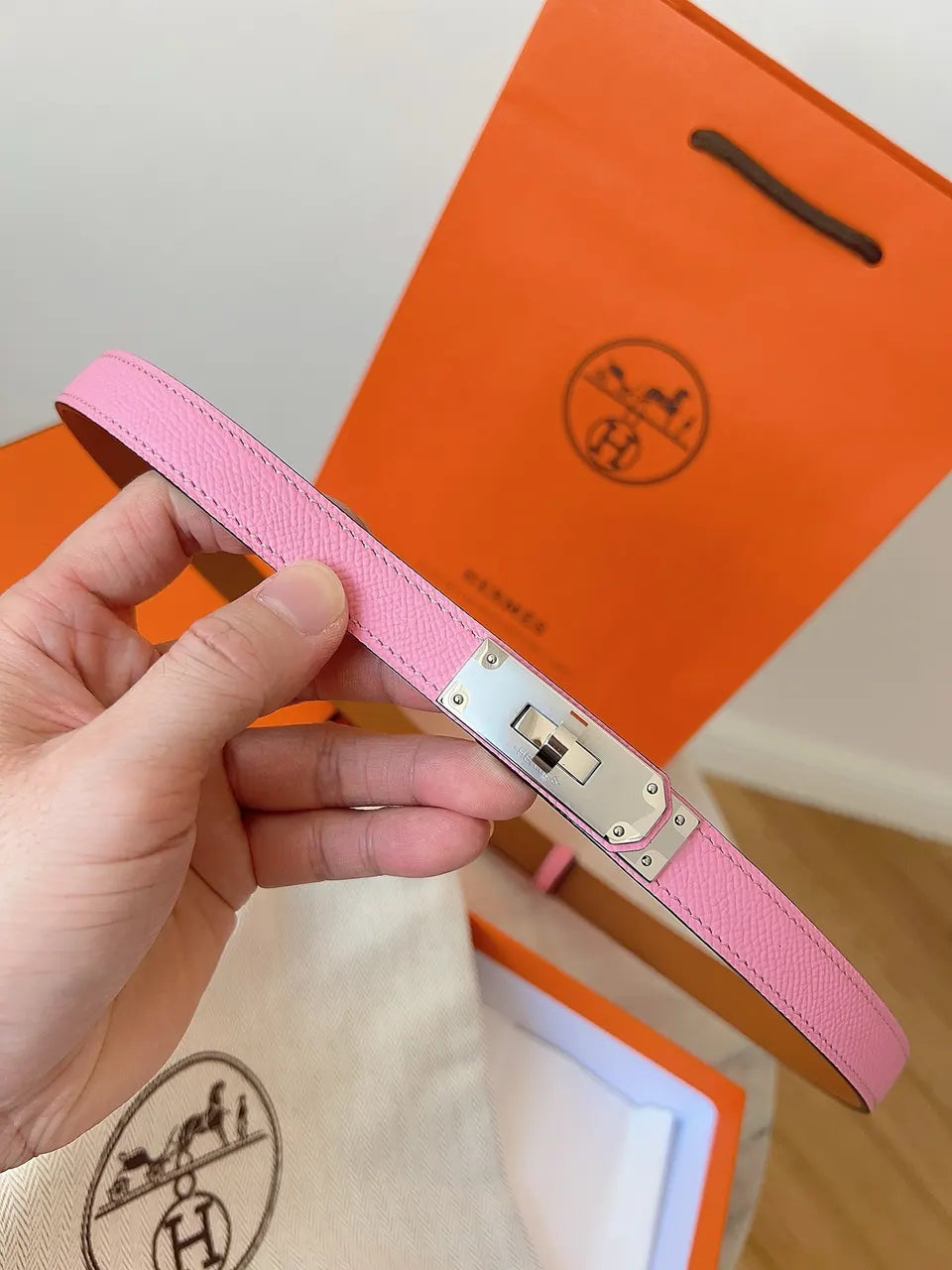 Hermes Pink Leather Kelly Belt - Hình 4
