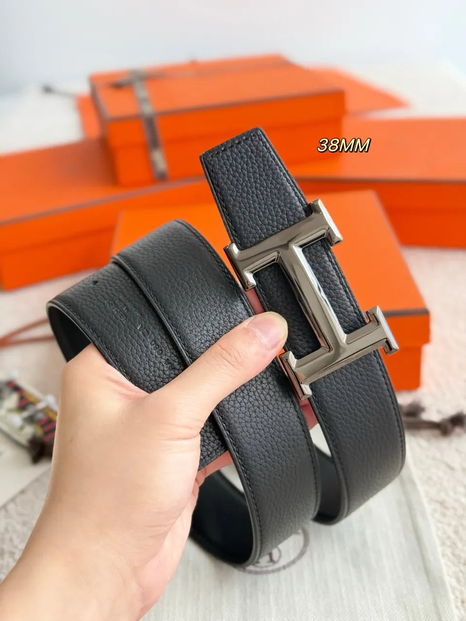 Hermes H5382 Black Reversible Leather Belt - Hình 4