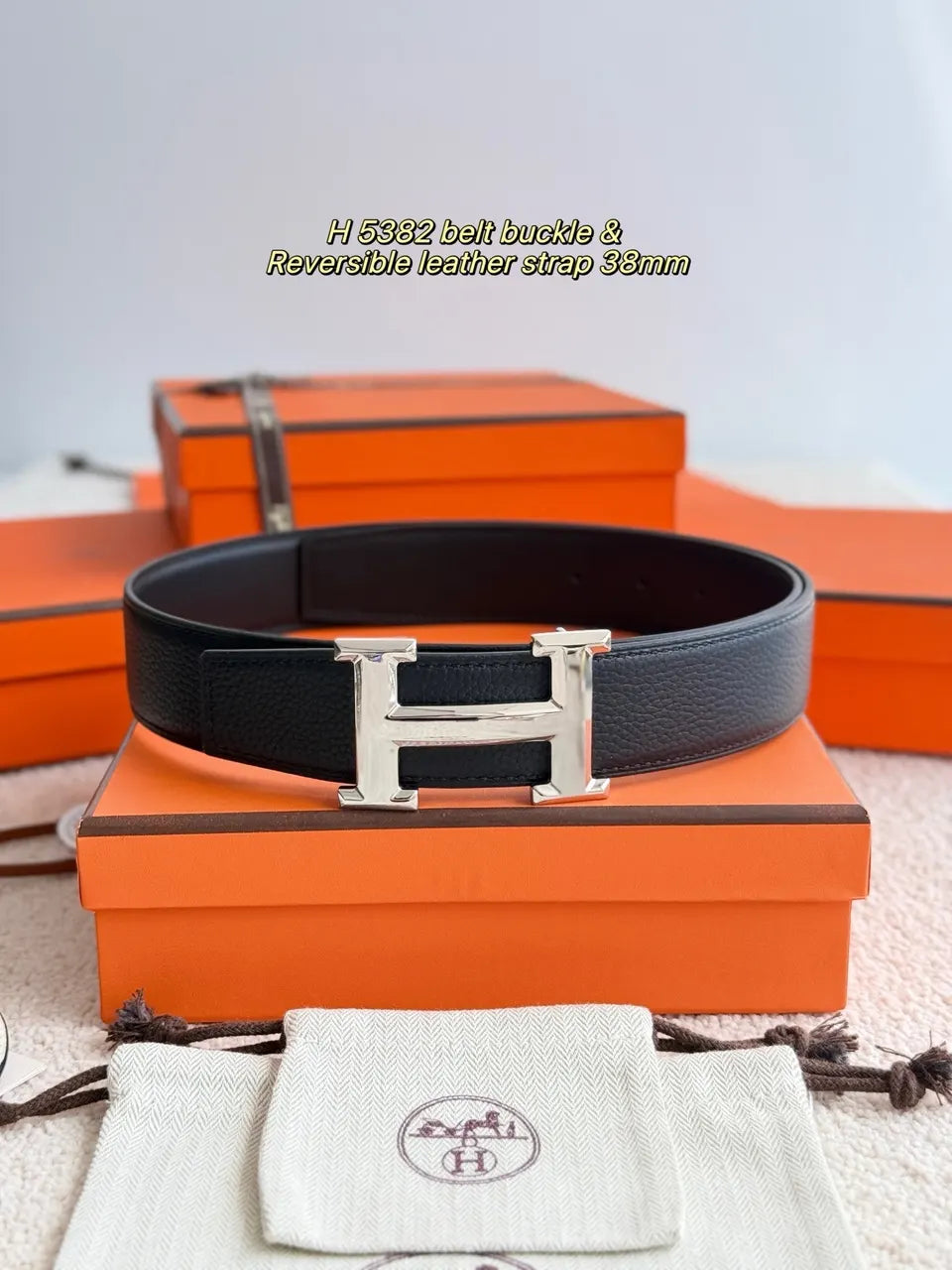 Hermes H5382 Black Reversible Leather Belt - Hình 2
