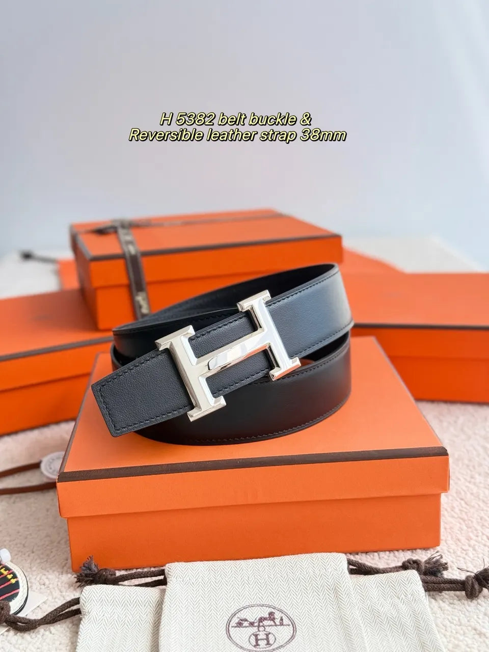 Hermes H5382 Black Reversible Leather Belt - Hình 3