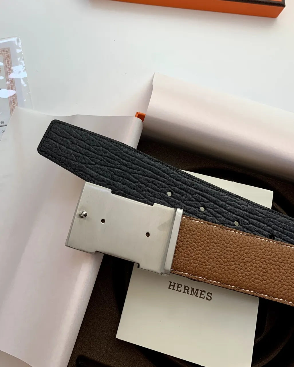 Hermes Tan & Black Reversible Belt silver