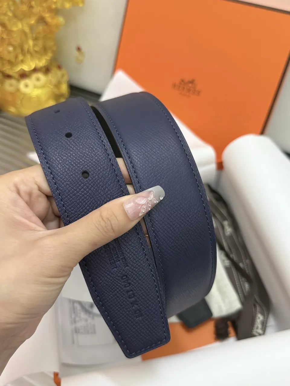 Hermes Sapphire Leather Belt - Hình 5