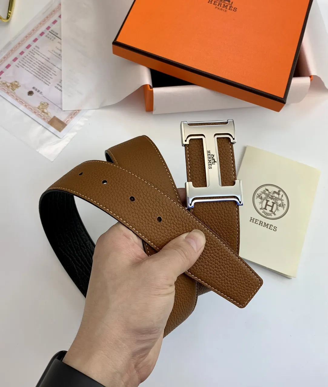 Hermes Tan & Black Reversible Belt silver - Hình 3