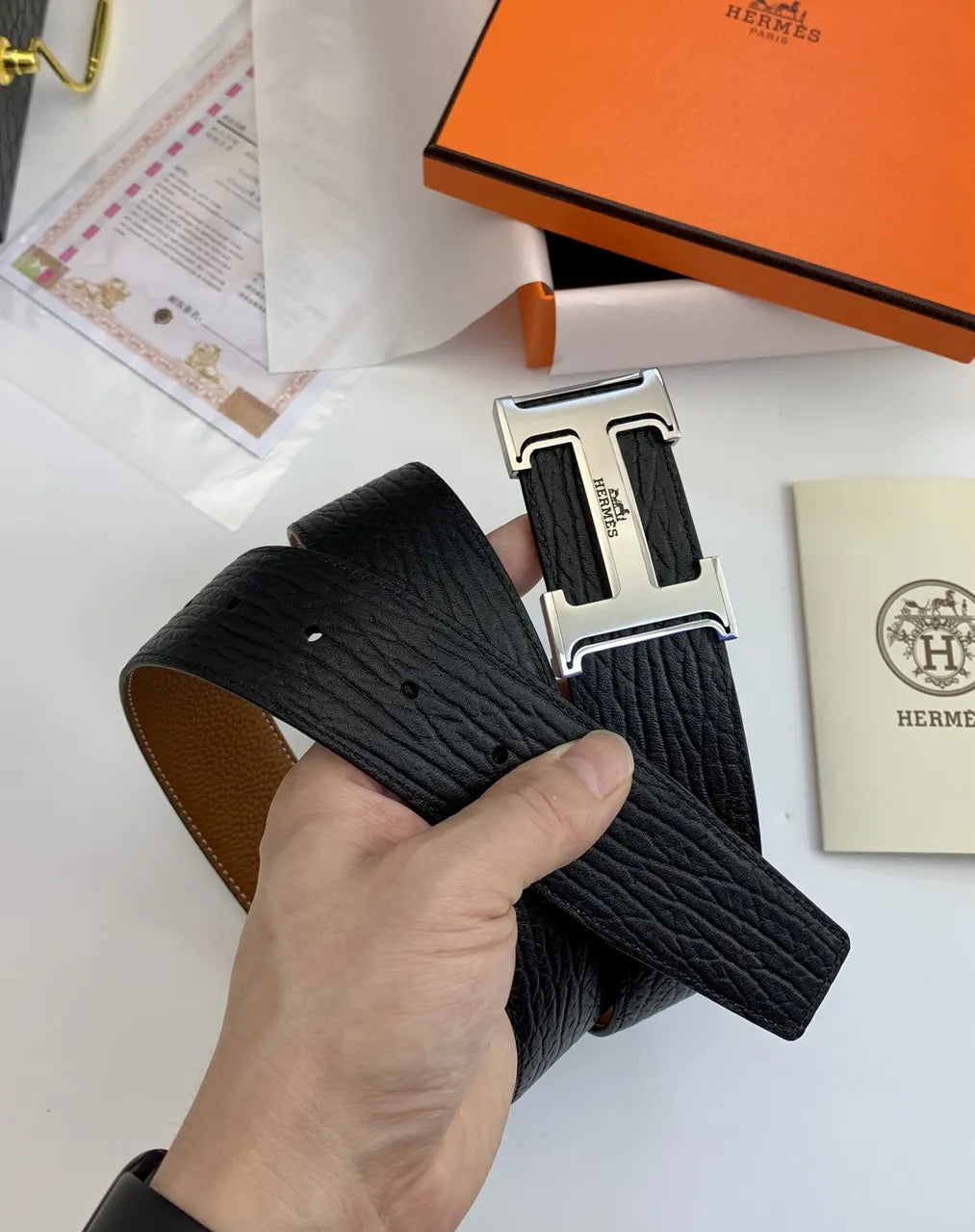 Hermes Tan & Black Reversible Belt silver - Hình 4