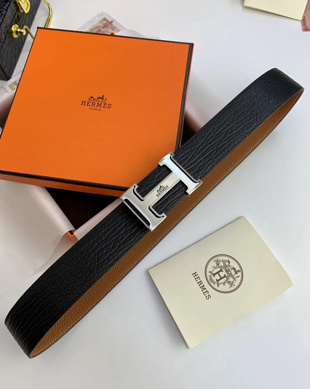 Hermes Tan & Black Reversible Belt silver - Hình 5