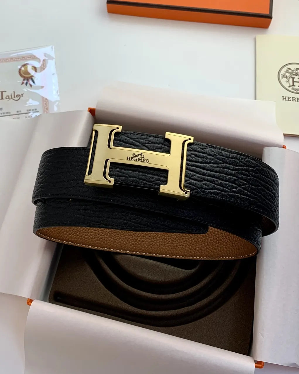 Hermes Black/Tan Reversible Belt - Hình 4