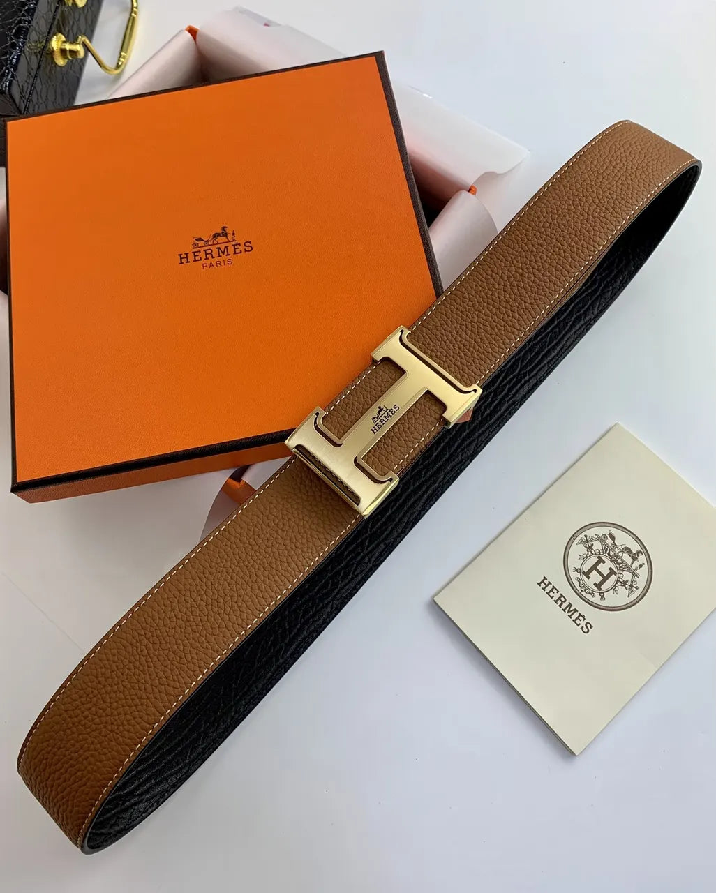 Hermes Black/Tan Reversible Belt - Hình 5