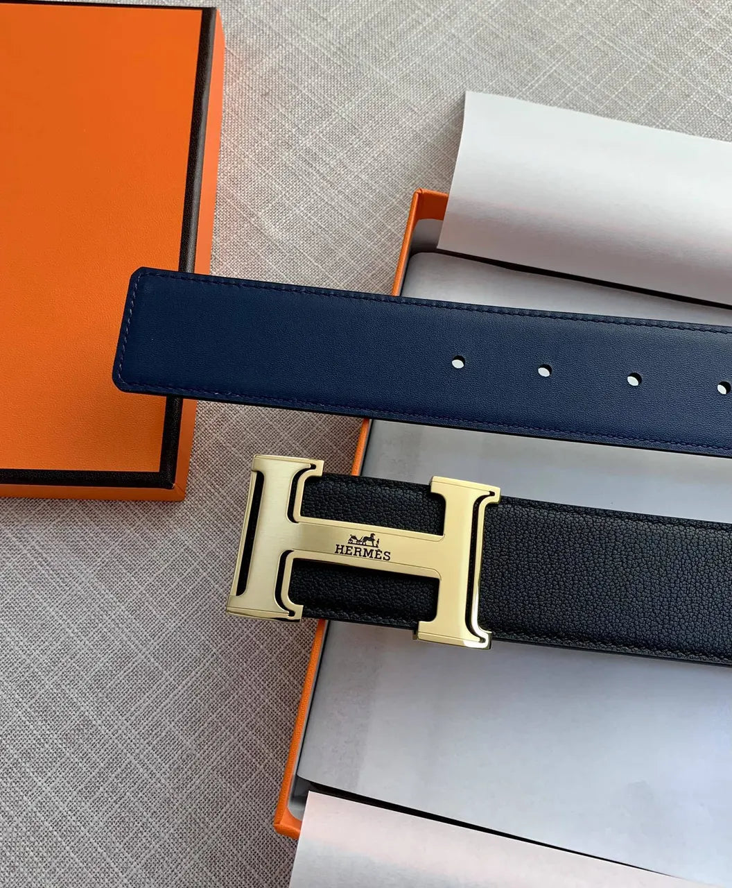 Hermes Black & Blue Reversible Belt - Hình 3