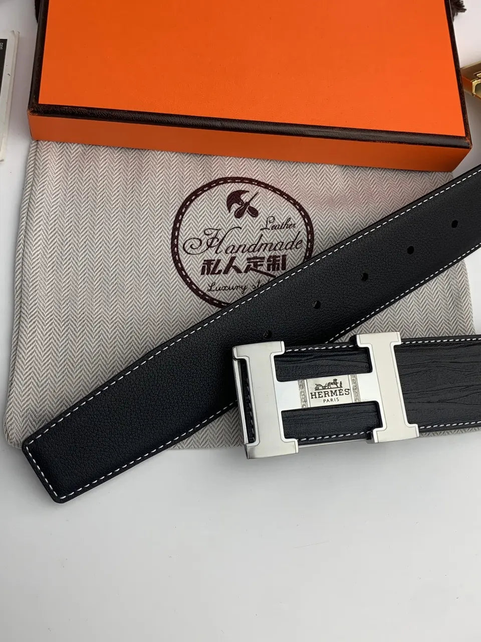 Hermes Textured Black Leather Belt silver - Hình 2