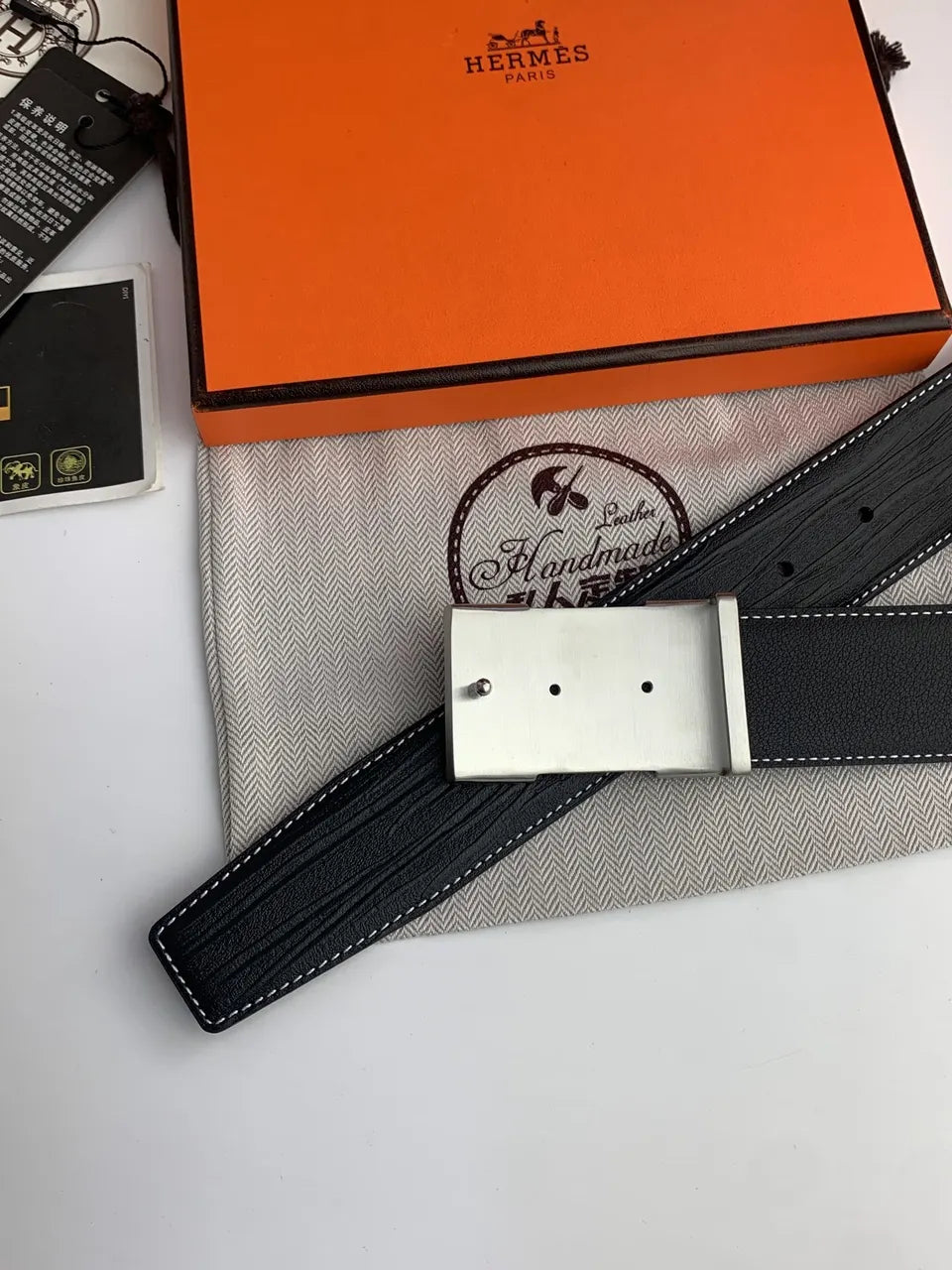 Hermes Textured Black Leather Belt silver - Hình 3