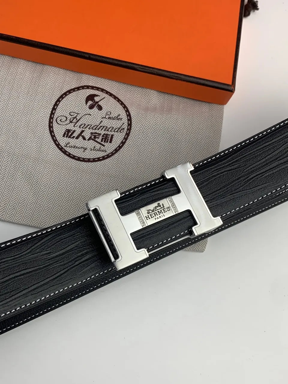 Hermes Textured Black Leather Belt silver - Hình 4
