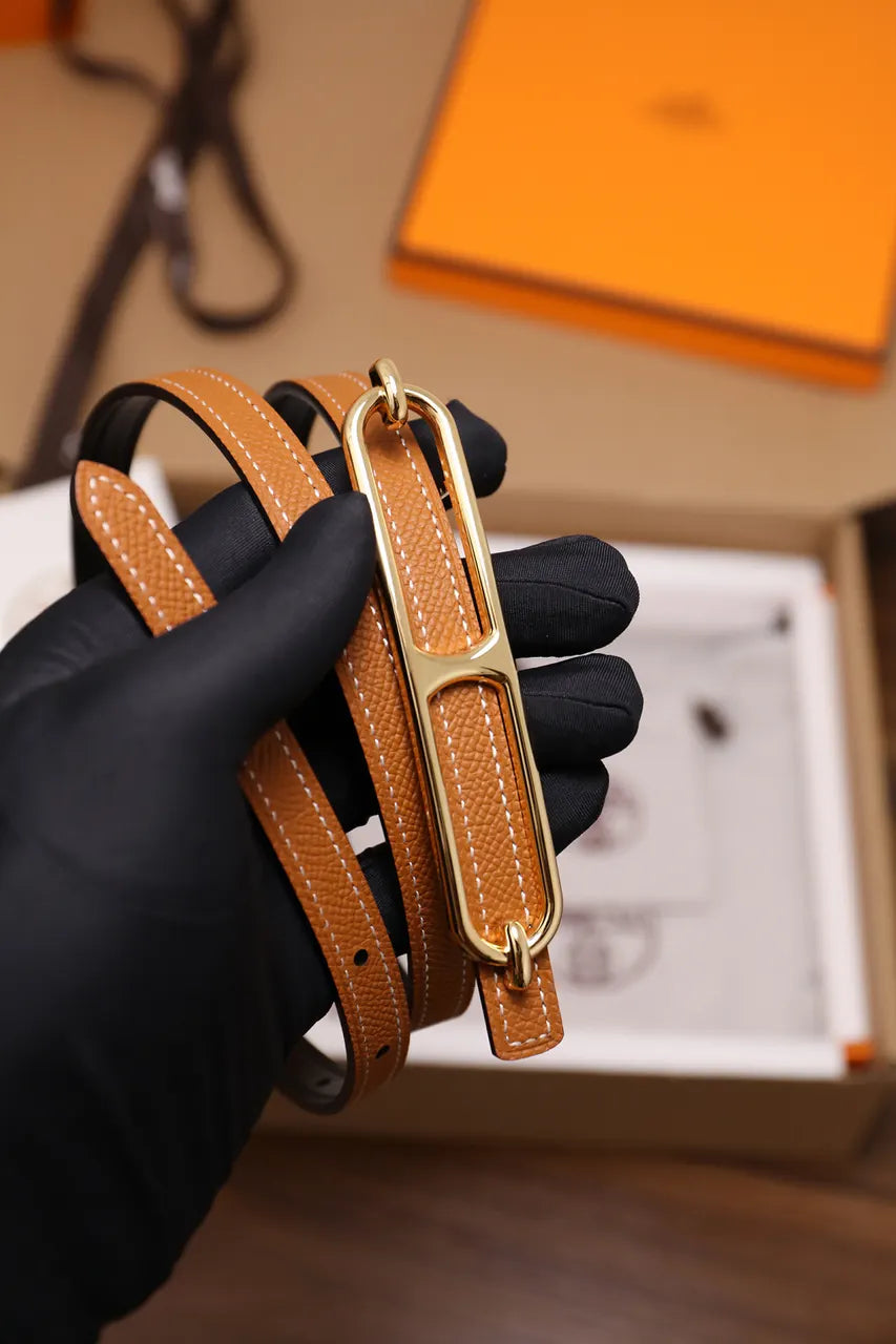 Hermes Gold Hardware Tan Skinny Belt - Hình 2
