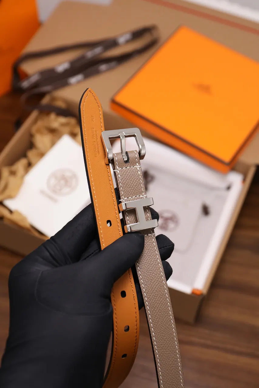 silver Hermes Etain Leather Belt - Hình 3