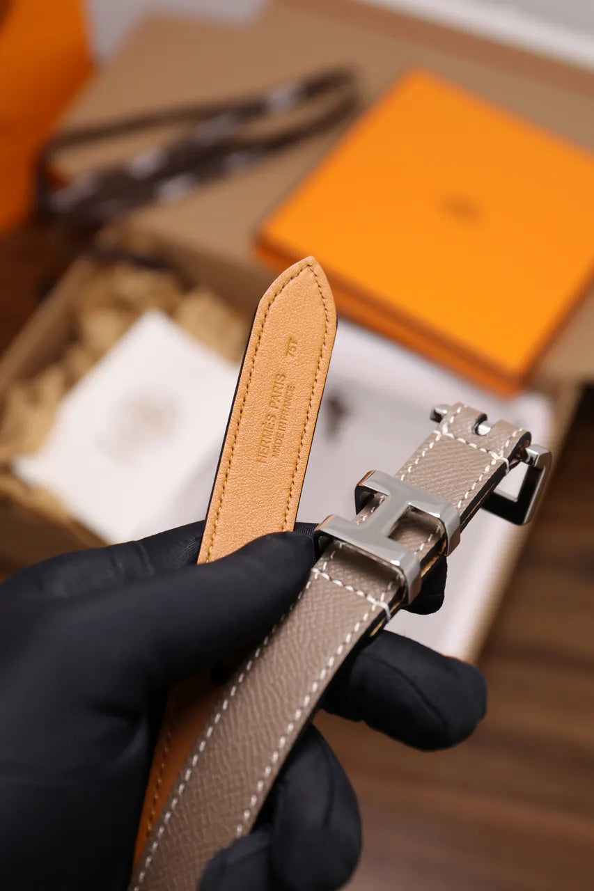 silver Hermes Etain Leather Belt - Hình 4