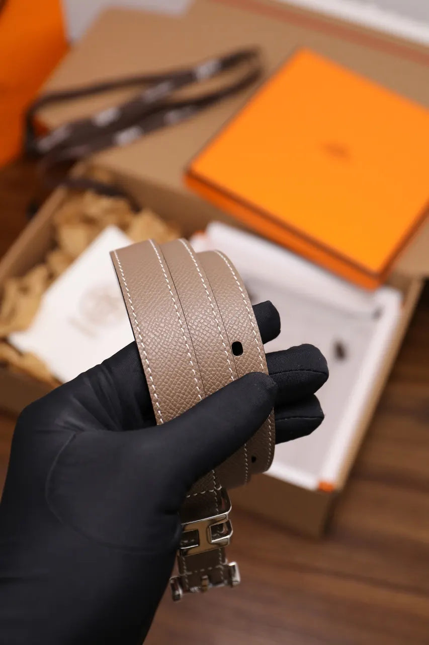 silver Hermes Etain Leather Belt - Hình 6