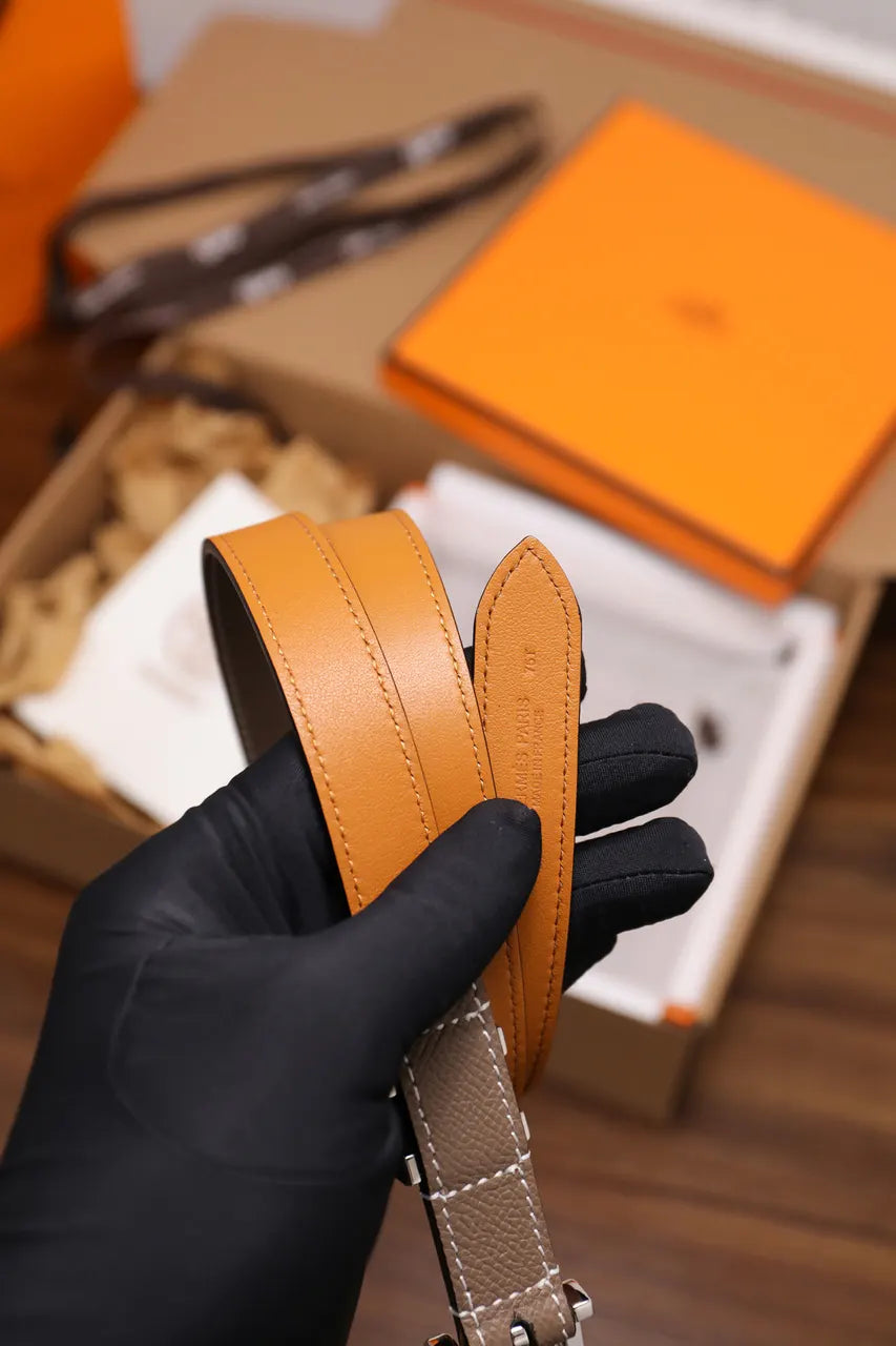 silver Hermes Etain Leather Belt - Hình 7