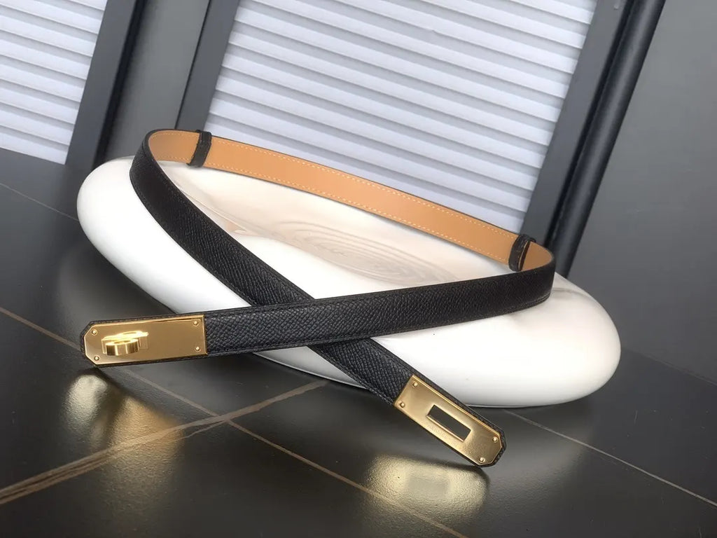 gold plated Hermes Black Grained Leather Belt