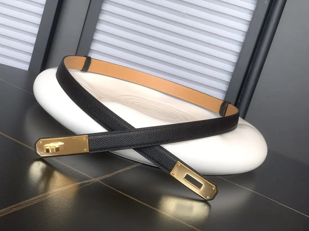 gold plated Hermes Black Grained Leather Belt