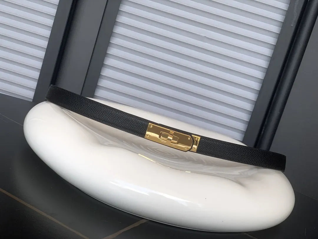 gold plated Hermes Black Grained Leather Belt - Hình 2