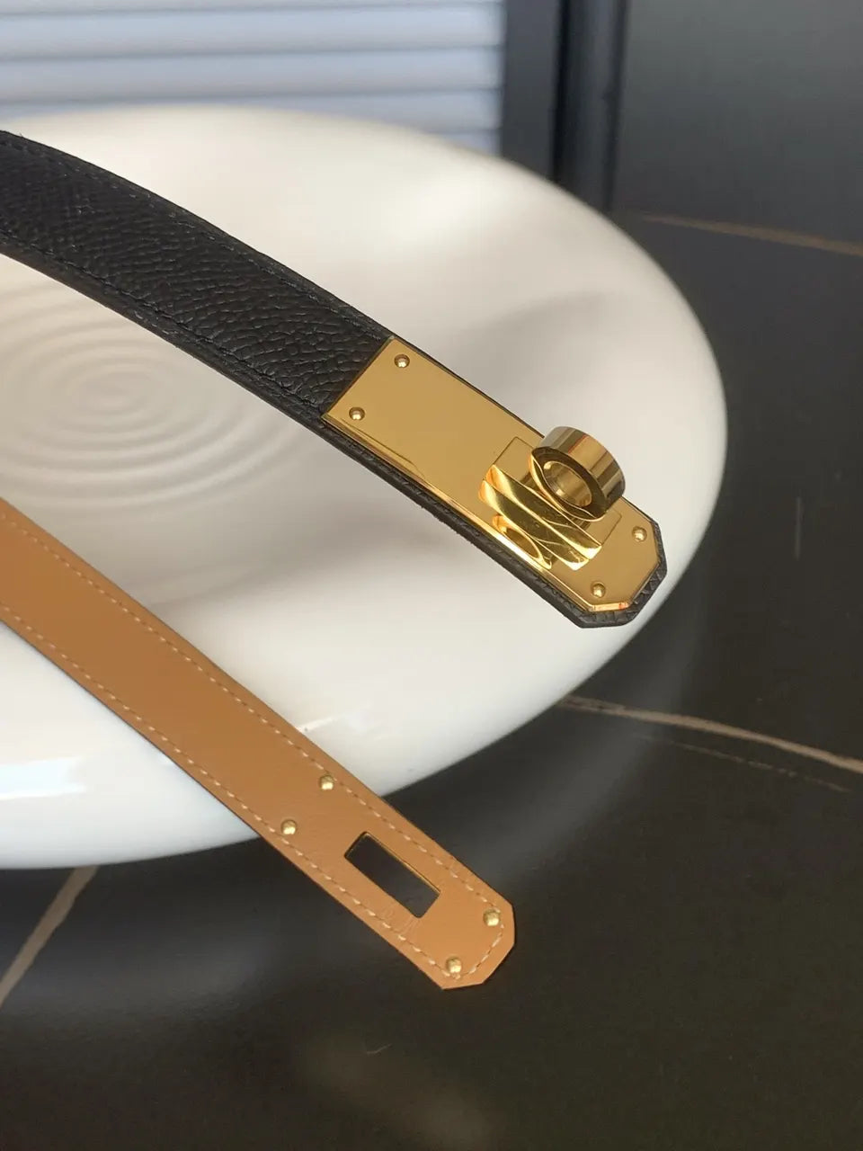 gold plated Hermes Black Grained Leather Belt - Hình 5