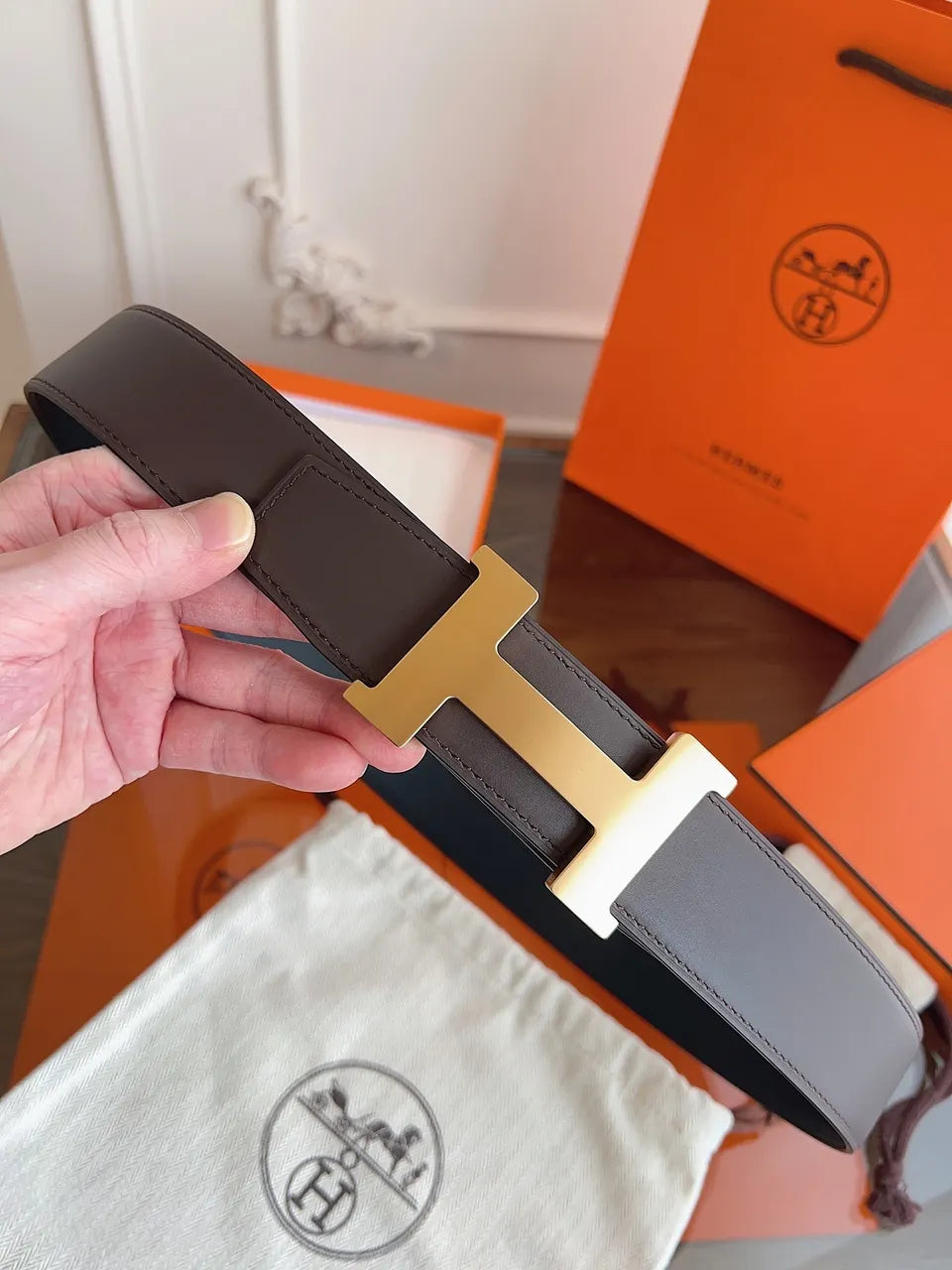 Hermes Brown Leather Gold Buckle - Hình 4
