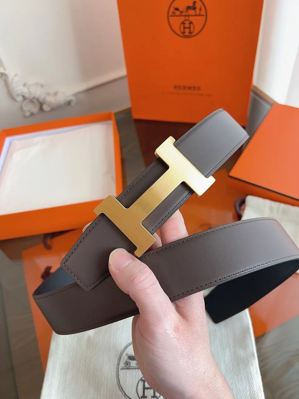 Hermes Brown Leather Gold Buckle - Hình 8