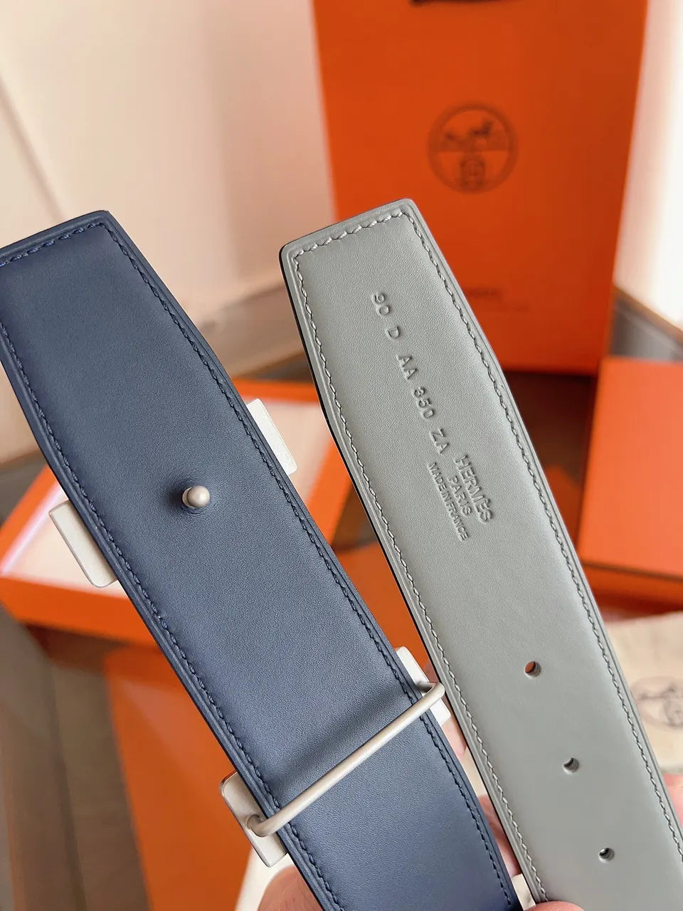 silver buckle Hermes Grey Leather Belt - Hình 3