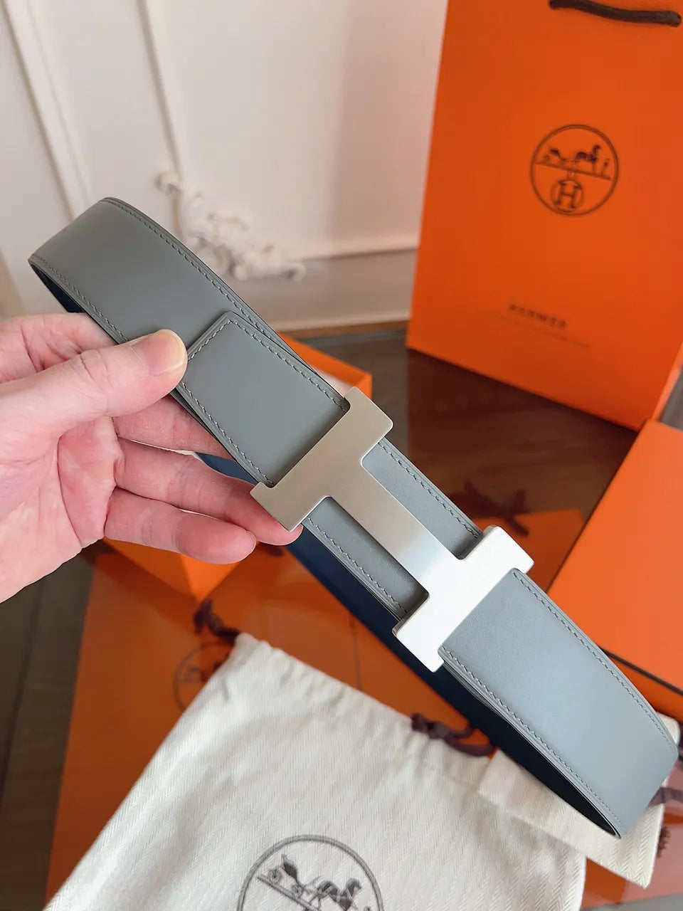 silver buckle Hermes Grey Leather Belt - Hình 5