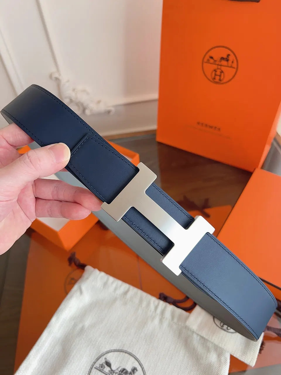 silver buckle Hermes Grey Leather Belt - Hình 6