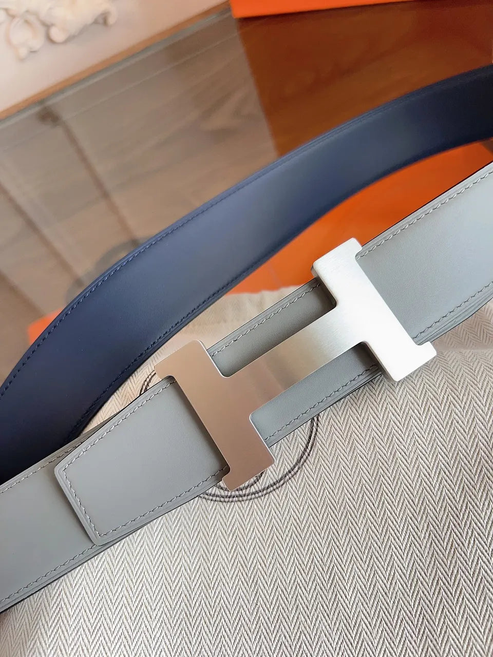 silver buckle Hermes Grey Leather Belt - Hình 7
