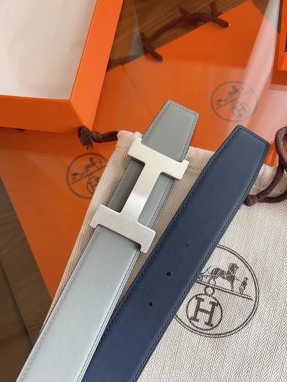 silver buckle Hermes Grey Leather Belt - Hình 8