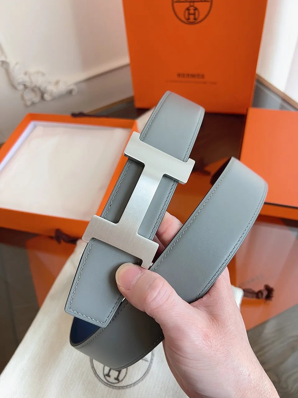 silver buckle Hermes Grey Leather Belt - Hình 9