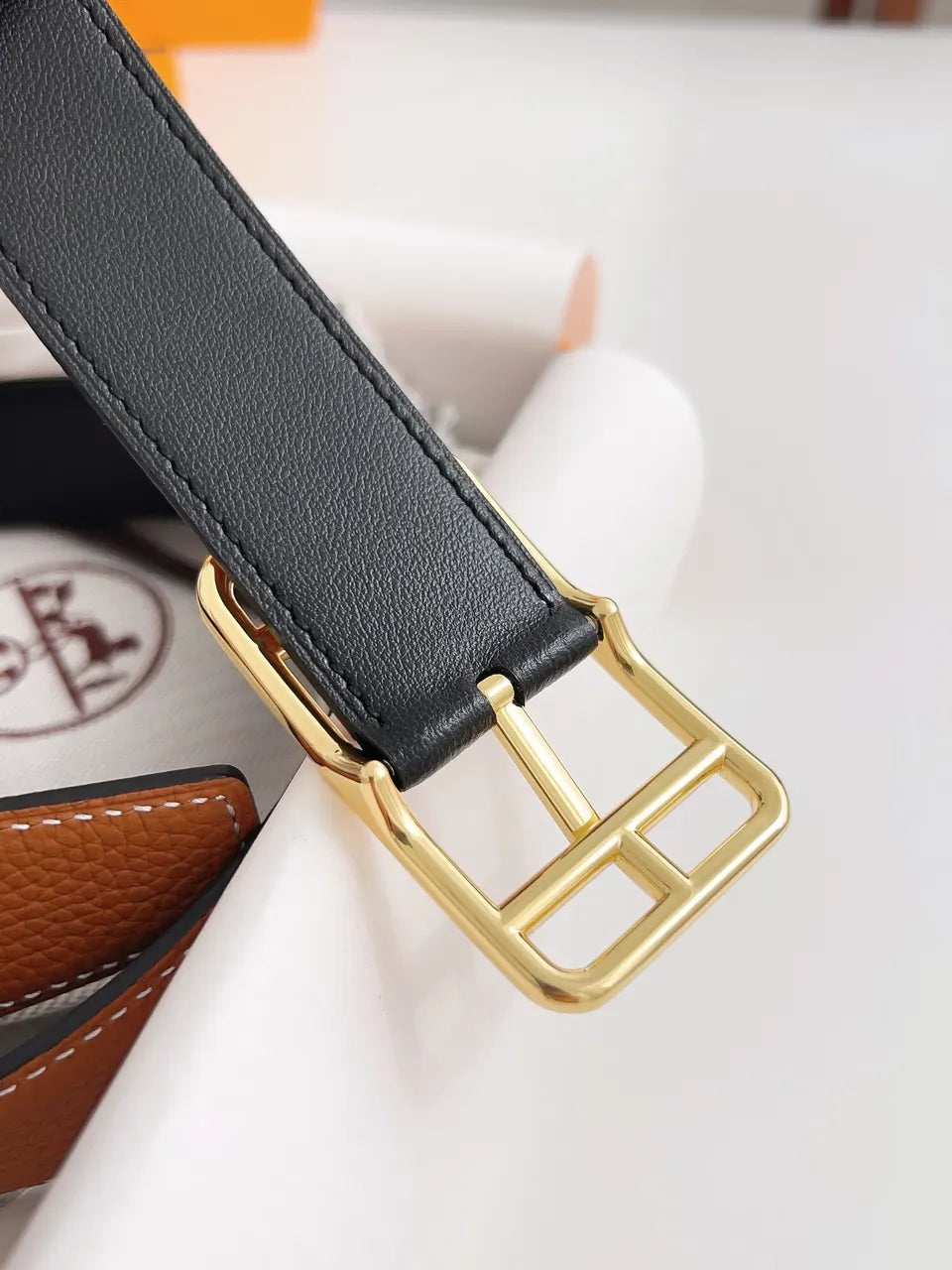 Hermes Gold Square Buckle Belt - Hình 4