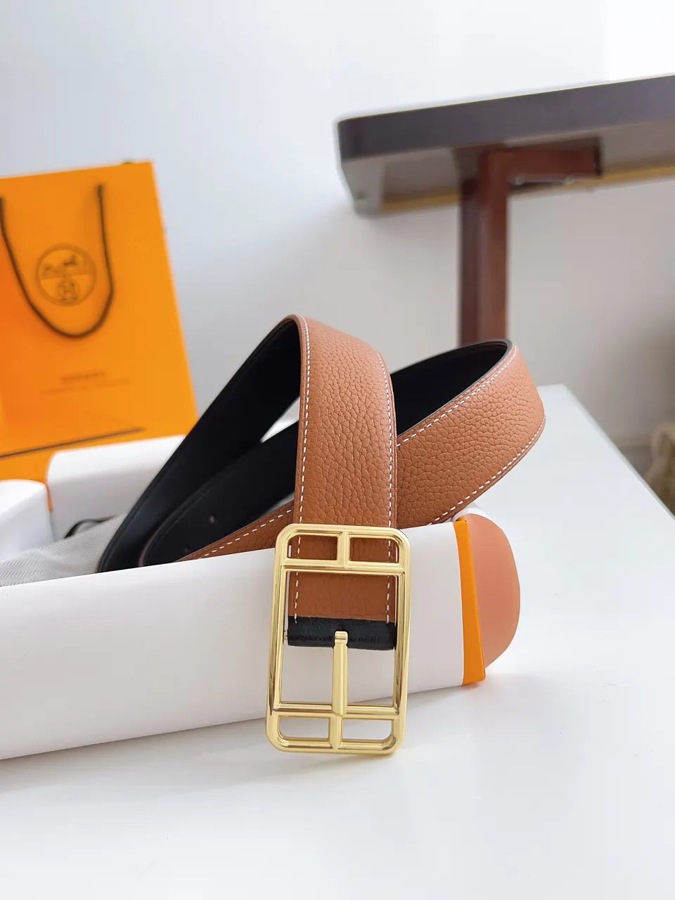 Hermes Gold Square Buckle Belt - Hình 7