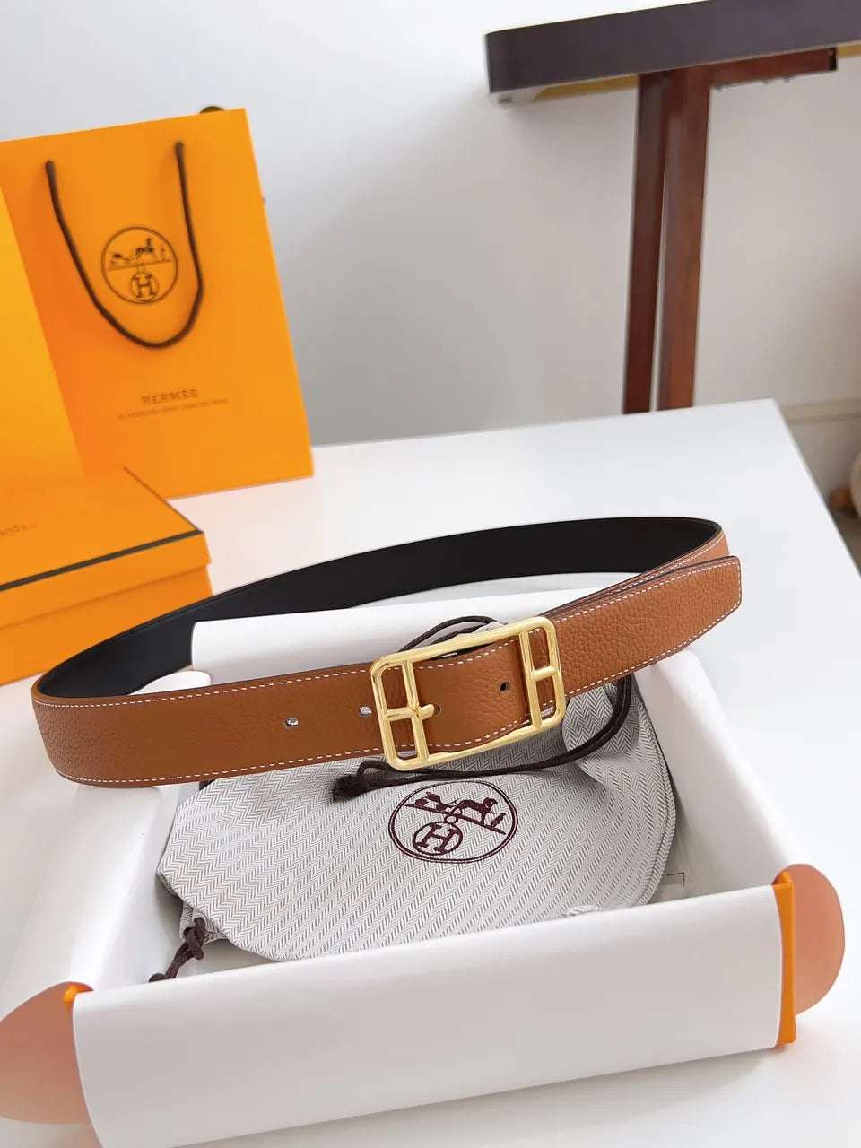 Hermes Gold Square Buckle Belt - Hình 8