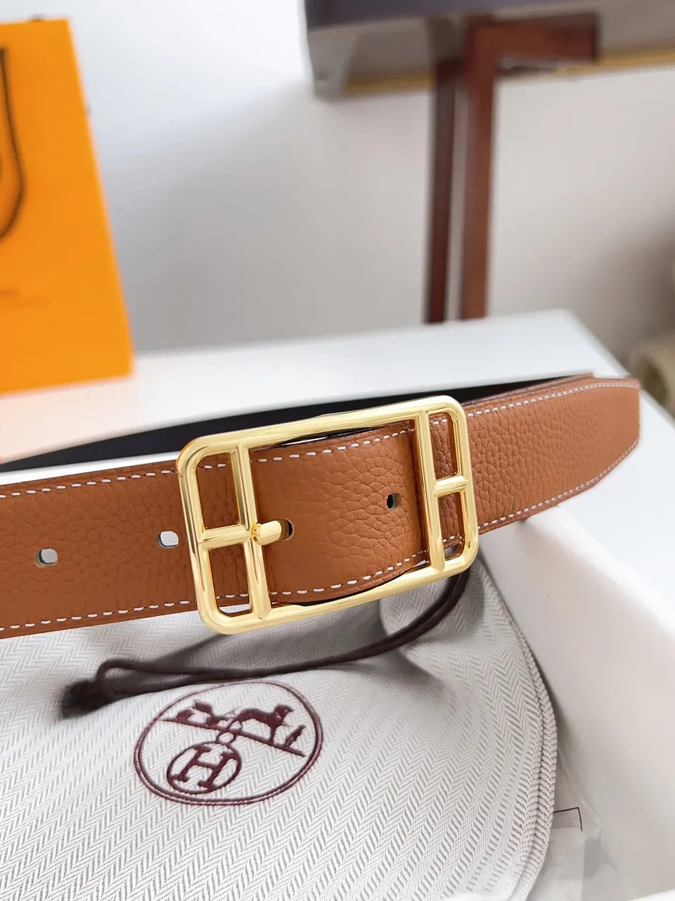 Hermes Gold Square Buckle Belt - Hình 9