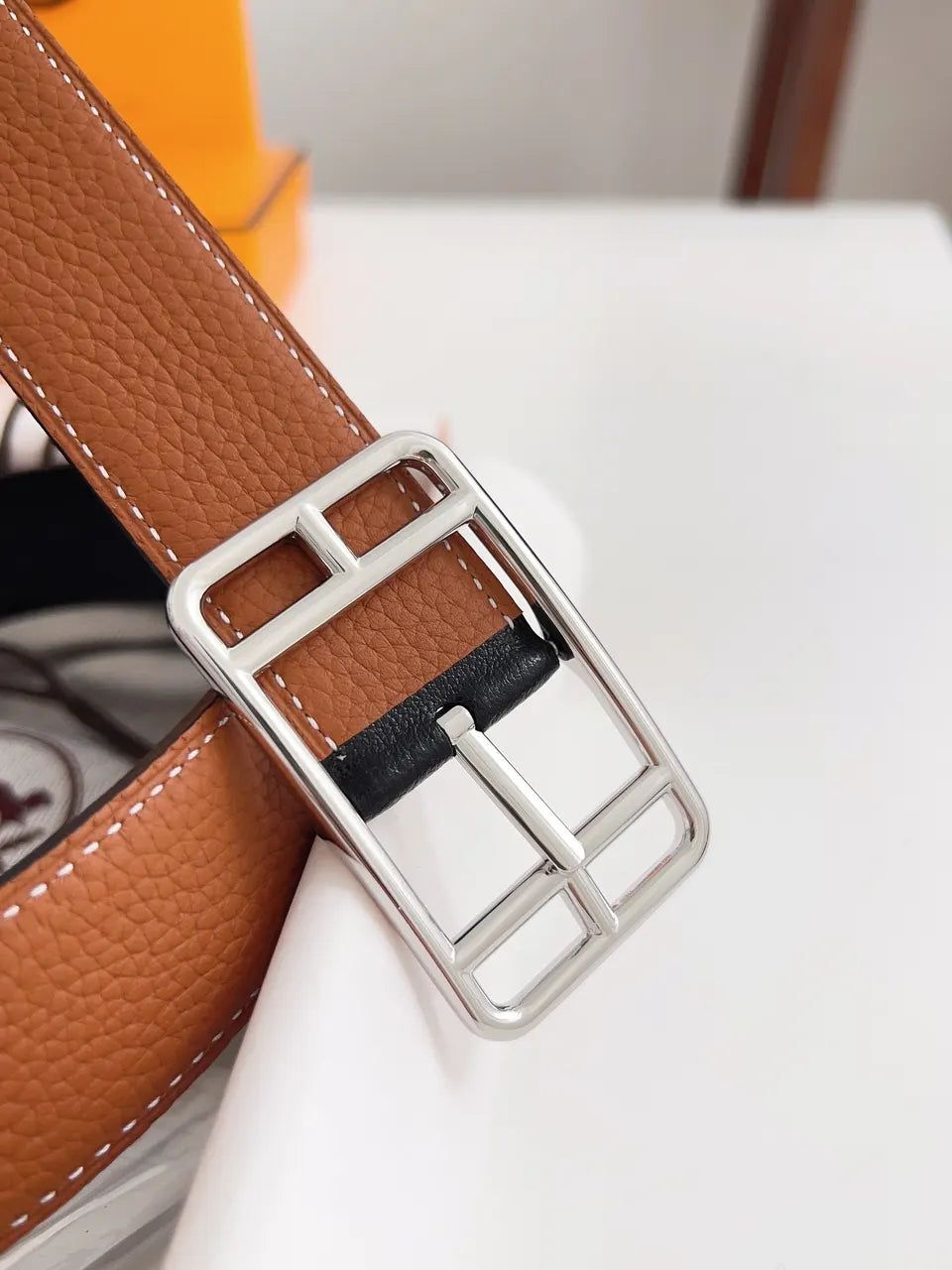 silver rectangular Hermes Tan Leather Belt - Hình 3
