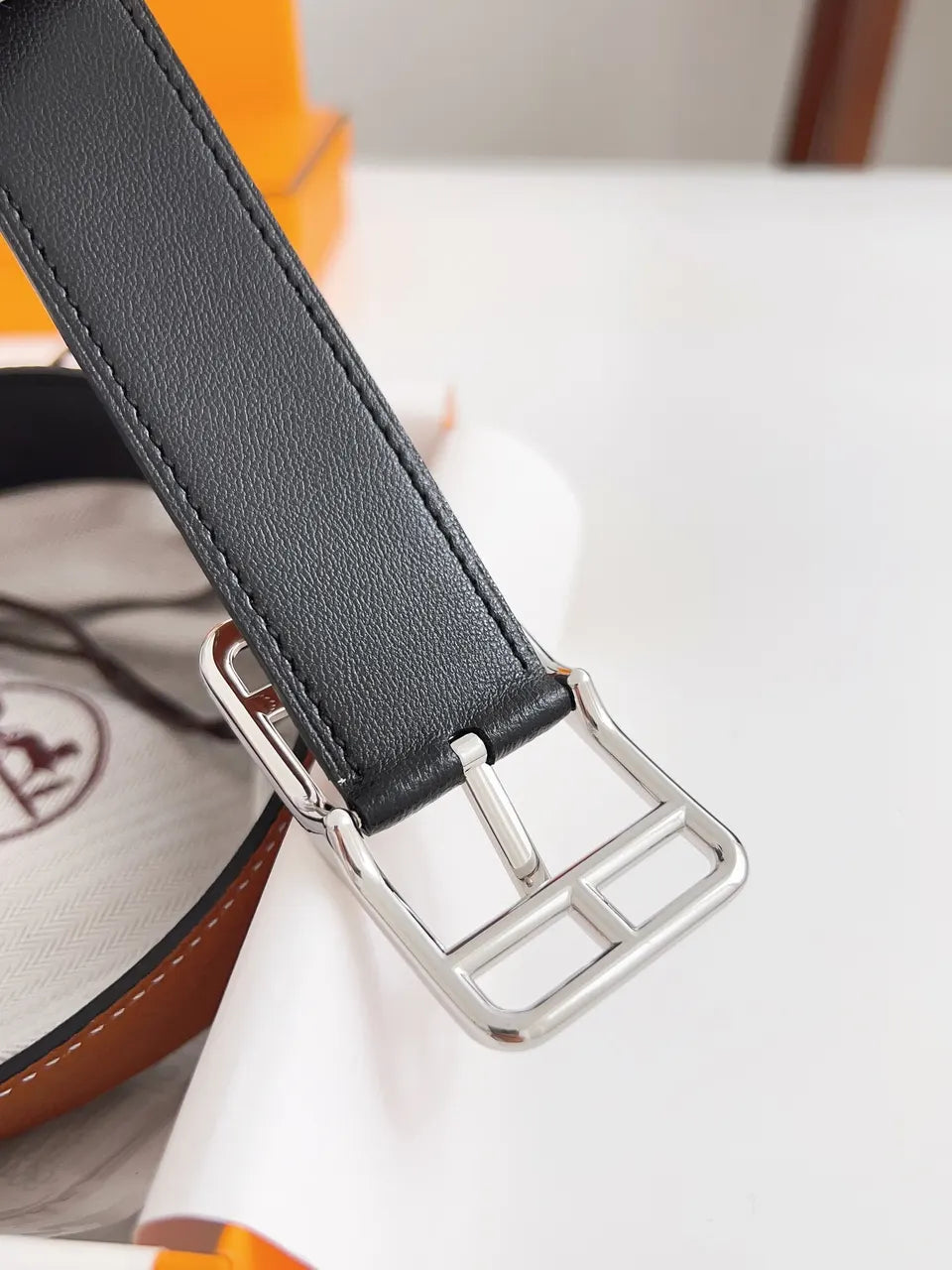 silver rectangular Hermes Tan Leather Belt - Hình 4