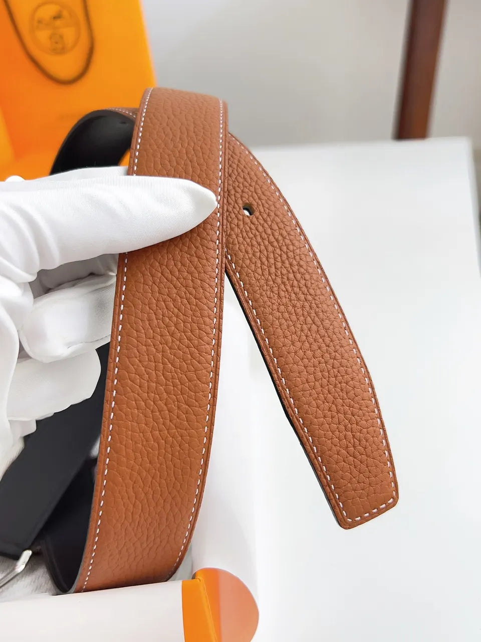 silver rectangular Hermes Tan Leather Belt - Hình 5